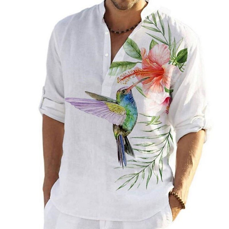 Men's Floral Animal Bird Shirt Summer Hawaiian Shirt Aloha Shirt Long Sleeve Shirt Turndown Fashion Designer Casual Outdoor Street Casual White Pink Blue 3D Print S M L