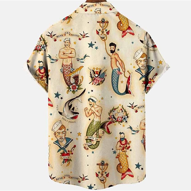 Men's Mermaid Shirt Summer Hawaiian Shirt Aloha Shirt Short Sleeves Shirt Turndown Vintage Fashion Designer Outdoor Street Casual Black White Yellow 3D Print S M L2