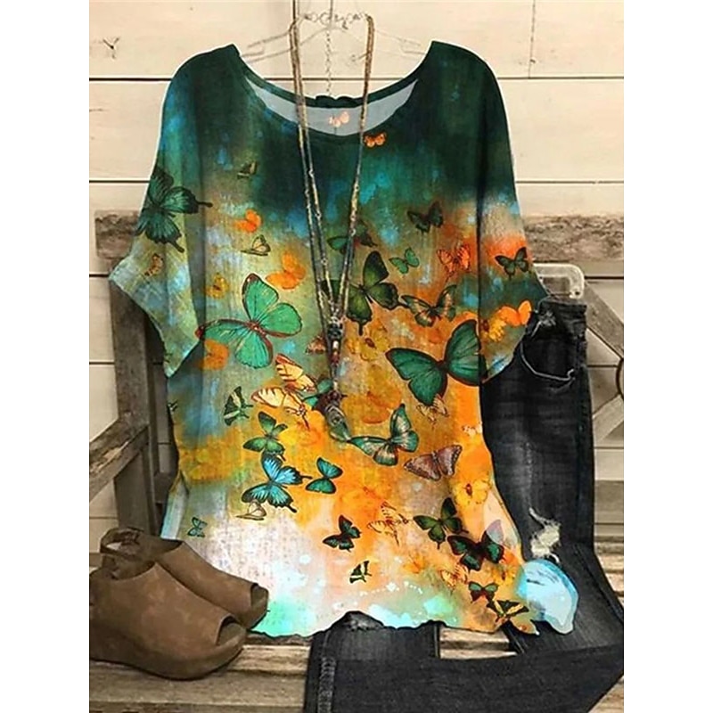 Women's Plus Size Blouse Floral Vintage Streetwear Holiday Short Sleeve Dolman Sleeve Crew Neck Regular Tops Vacation Daily Print Yellow Red Summer Spring 6