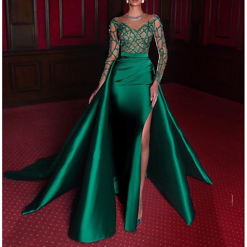 Mermaid Evening Gown Celebrity Style Dress Carnival Court Train Long Sleeve Jewel Neck Satin with Rhinestone Appliques