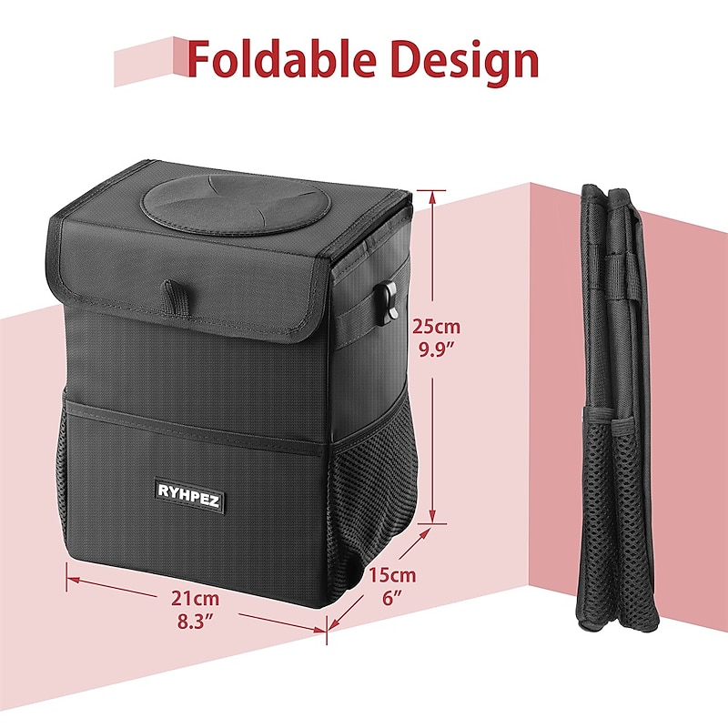 Car Trash Can with Lid - Car Trash Bag Hanging with Storage Pockets Collapsible and Portable Car Garbage Bin2