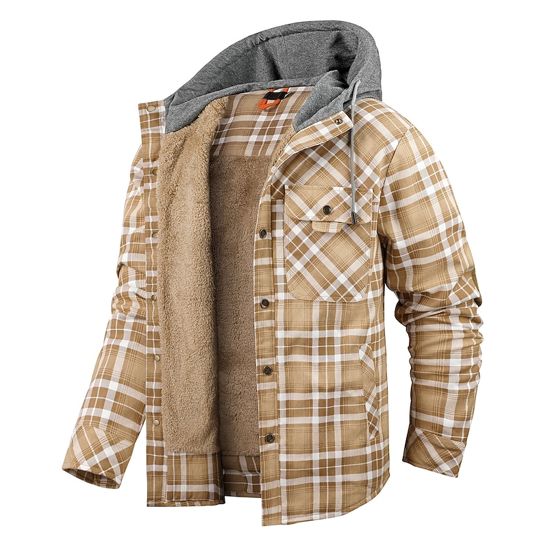 Men's Winter Jacket Shacket Flannel Fleece Jacket Daily Wear Vacation Durable Casual / Daily Pocket Spring Fall Plaid Warm Ups Comfort Hooded Regular Red Blue khaki Military Green Coffee Jacket4