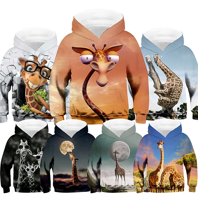 Boys 3D Animal Giraffe Hoodie Long Sleeve 3D Print Fall Winter Active Sports Fashion Polyester Kids 3-13 Years Outdoor Daily Indoor Regular Fit