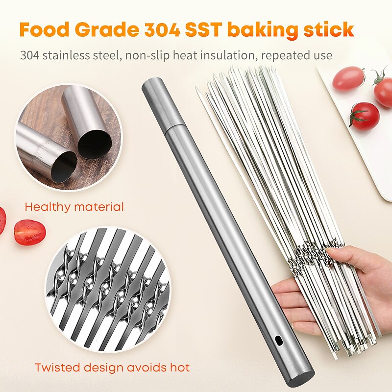 Set of 15 pcs Skewers & 1 Tube Storage Stainless Steel Kabob Skewers Heavy Duty Grilling Skewers Barbecue Skewers Resuable BBQ Sticks for Shish Meat Shrimp Chicken Flat Skewers2