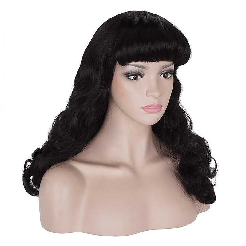 50s Vintage Medium Length Black Wigs with Bangs  Natural Wavy Synthetic Hair Wig for Women Cosplay Carnival Halloween Wigs3