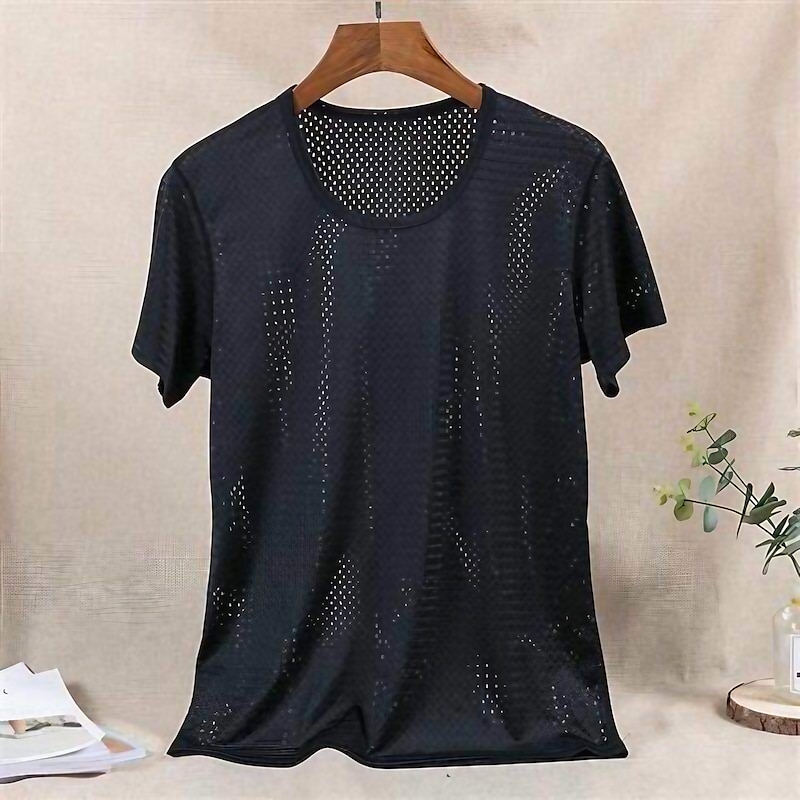 Men's T Shirt Moisture Wicking Shirts Short Sleeve Crew Neck Summer Plain Fashion Casual Breathable Mesh Street Holiday Beach Black White Navy Blue Top Tee for Men4