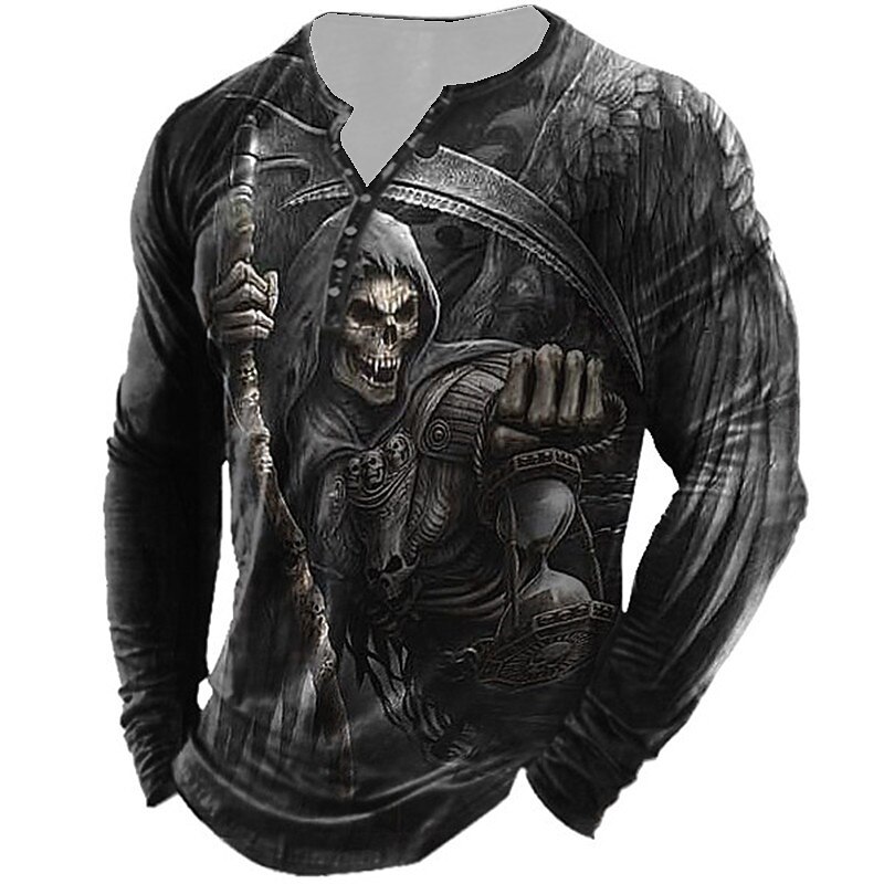 Men's Halloween Graphic Skull T Shirt Henley Shirt Tee Long Sleeve 3D Print Designer Basic Classic Outdoor Daily Sports Spring &  Fall Black White Yellow Brown Gray Henley Henley T-Shirt