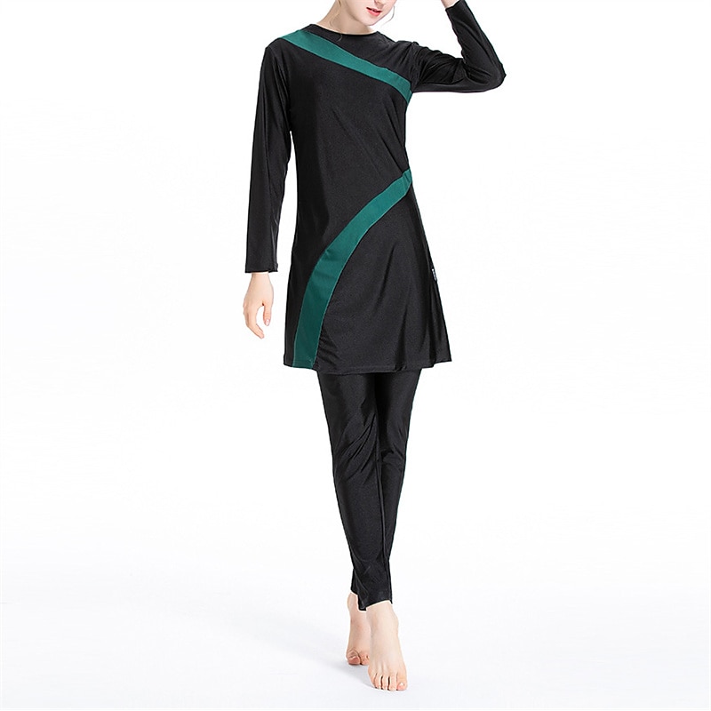 Women's Burkini Hijab Swimsuit Full Coverage UPF50+ Long Sleeve Bathing Suit 3-Piece Modest Swimwear Swimming Beach Water Sports Patchwork Spring Summer Autumn