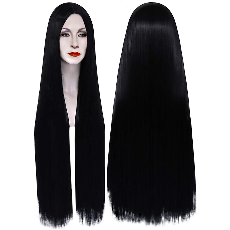 The Addams Family 40inch 100cm Extra Long Black Wigs for Women Straight Hair Wig Natural Black Wigs for Party  Morticia Addams  Women Wig Halloween Wigs