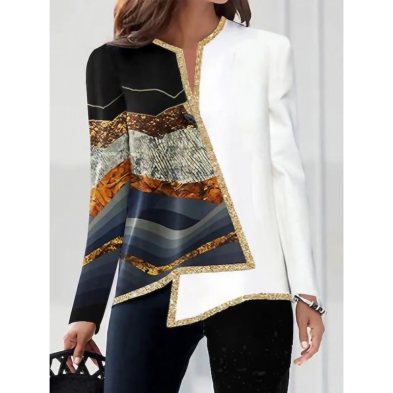 Women's Plus Size Blouse Elegant Vintage Fashion Color Block Print Regular Tops V Neck Work Casual Black White Wine Red Gold Spring Fall