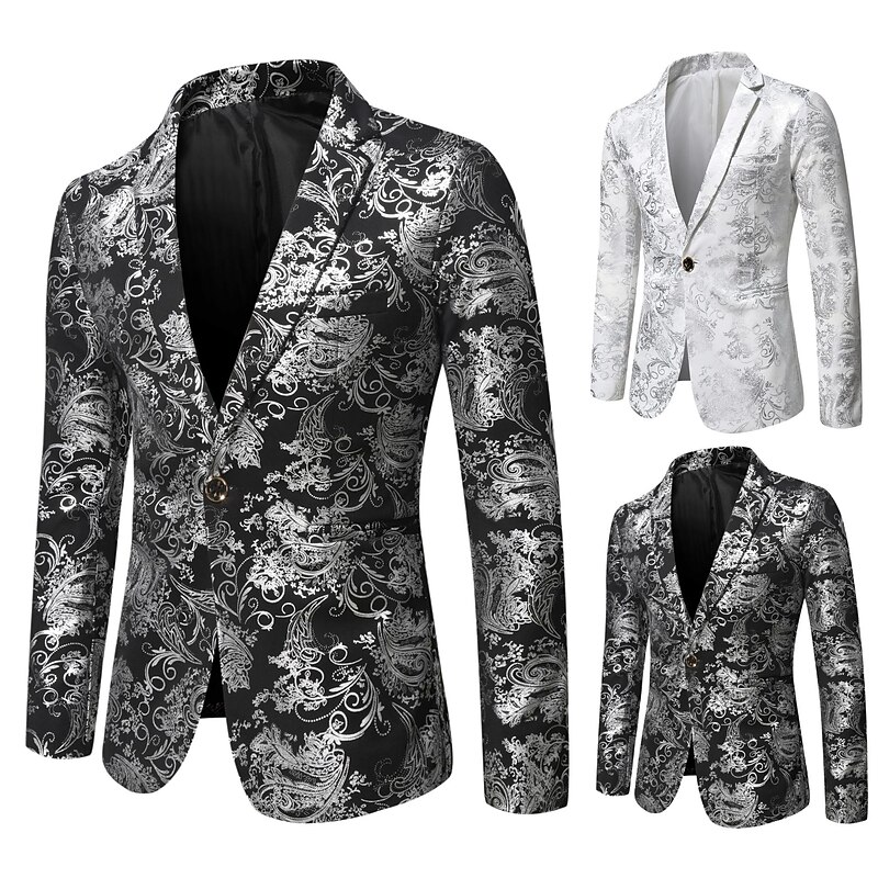 Men's Blazer Party Evening Wear Business Attire Festival Antique Elegant & Luxurious Spring Fall Polyester Floral Pattern Modern Style Shining Single Breasted One-button Blazer Black White Gold