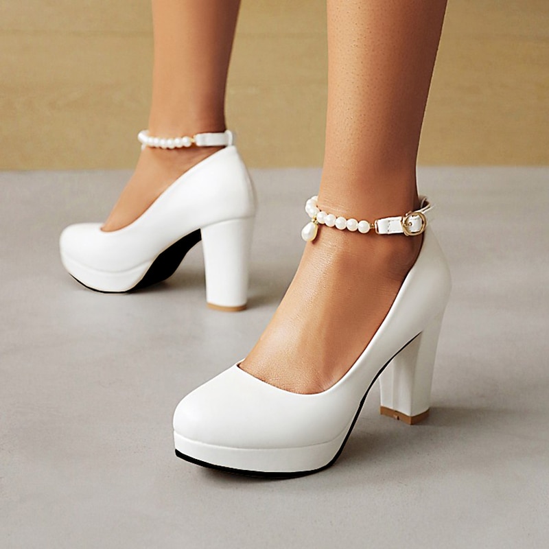 Women's White High Heel Pumps with Pearl Ankle Strap – Elegant Platform Heels for Weddings, Prom, and Formal Occasions2