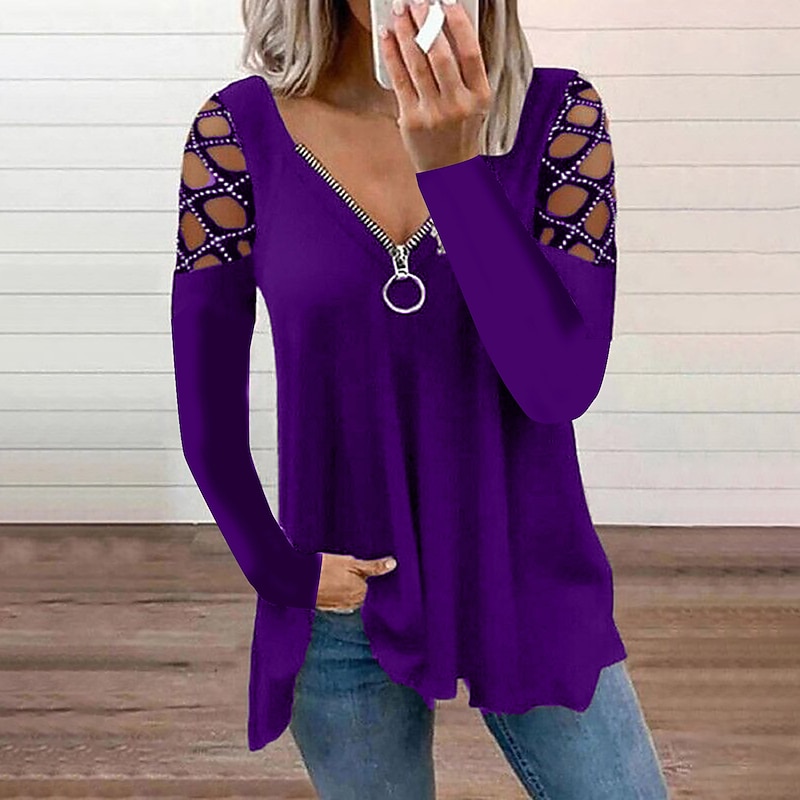 Women's Burgundy Tee Blouse Plain Basic Long Sleeve V Neck Off Shoulder Half Zip Regular Tops Casual Weekend Cut Out Flowing tunic Quarter Zip Black Fall & Winter3
