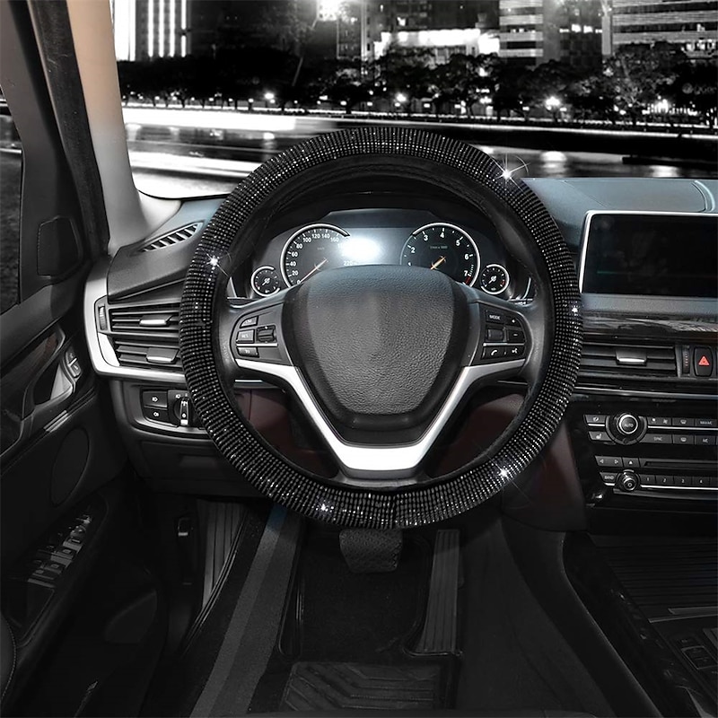 Steering Wheel Cover for Women Men Bling Bling Crystal Diamond Sparkling Car SUV Wheel Protector Universal Fit 15 Inch (Black with Blue DiamondStandard Size3