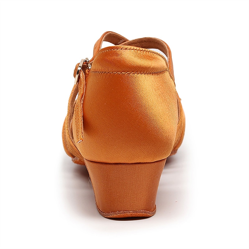 Women's Tan Strappy Low Heel Latin Dance Shoes with Soft Suede Sole – Breathable Satin Ballroom Sandals for Practice & Performance4