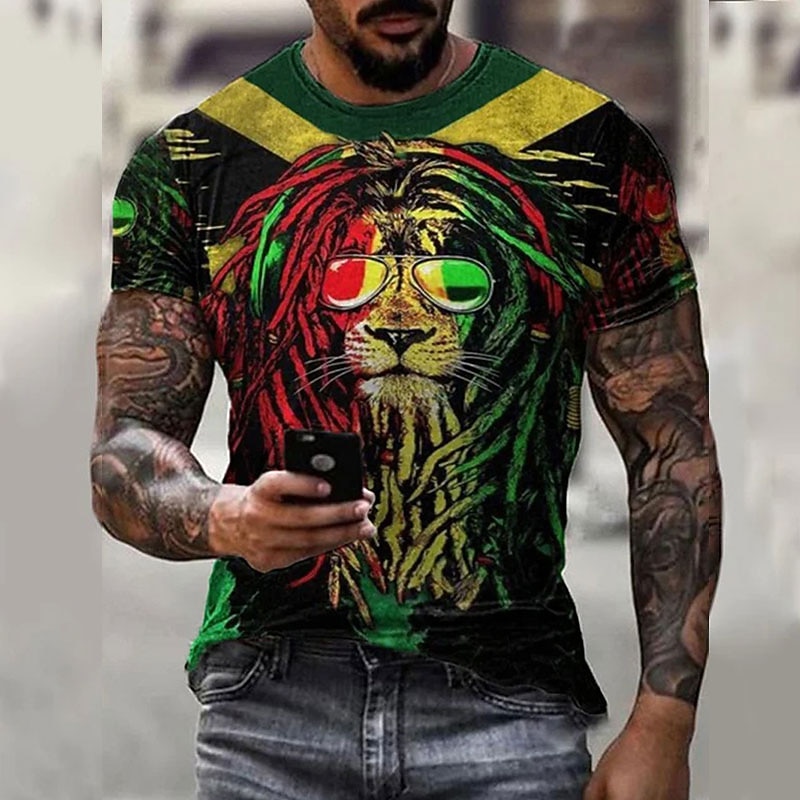 Men's Unisex Lion Graphic Prints T Shirt Short Sleeve T shirt 3D Print Crew Neck Shirt Vintage Sports Casual Outdoor Street Daily Black / Red Green / Black Black Summer Clothing Apparel S M L XL XXL3