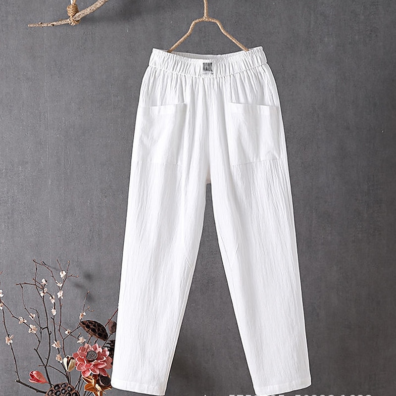 Women's Normal Cotton Linen Pants Chinos Baggy Pants Solid Comfort Ankle-Length Mid Waist Side Pockets Elastic Waist Baggy Comfort Micro-elastic Casual Daily Black White Red Green Summer Spring Fall3
