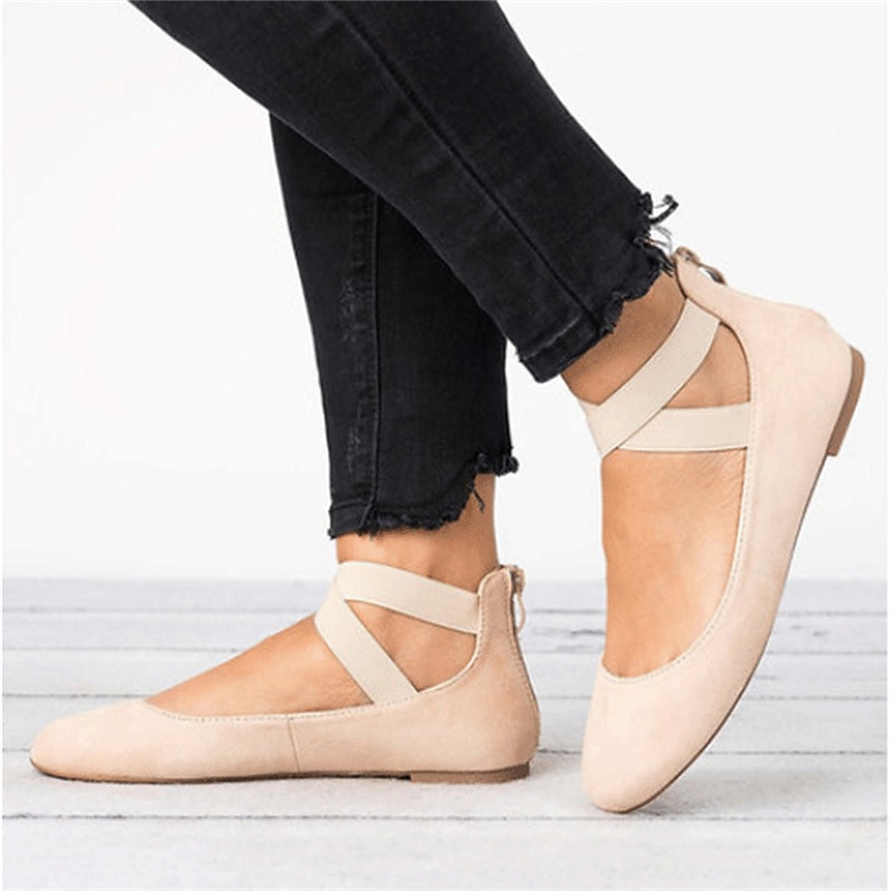 Women's Beige Faux Suede Ballet Flats with Cross Elastic Straps and Zipper Back, Comfortable Casual Shoes for Work, Travel and Everyday Outfits