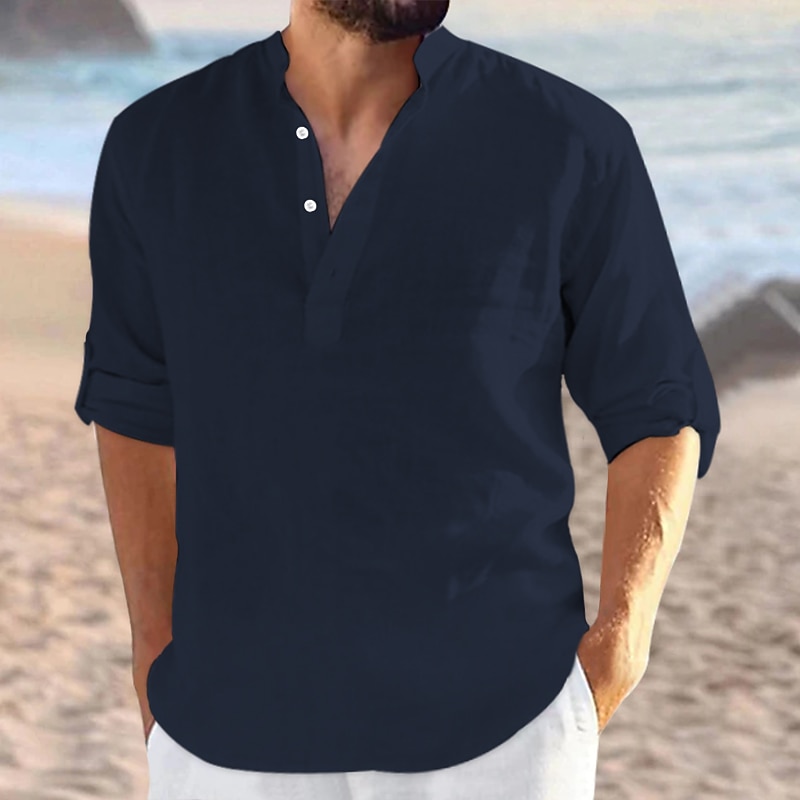 Men's Shirt Linen Shirt Summer Shirt Beach Wear Band Collar Shirt Plain Vacation Curise Black White Navy Blue Blue Long Sleeve V Neck All Seasons Clothing Apparel4