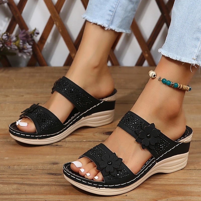 Women's Floral Embellished Wedge Sandals with Comfortable Arch Support - Perfect for Casual Summer Outings