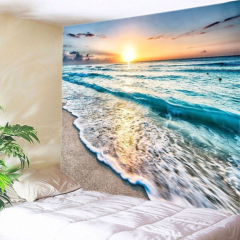 Wall Tapestry Art Deco Blanket Curtain Picnic Table Cloth Hanging Home Bedroom Living Room Dormitory Decoration Polyester Fiber Beach Series Coconut Tree White Cloud Sunset Glow Sunset Tide4