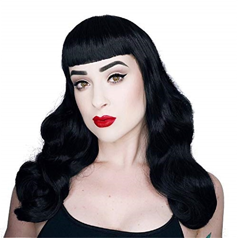 50s Vintage Medium Length Black Wigs with Bangs  Natural Wavy Synthetic Hair Wig for Women Cosplay Carnival Halloween Wigs2