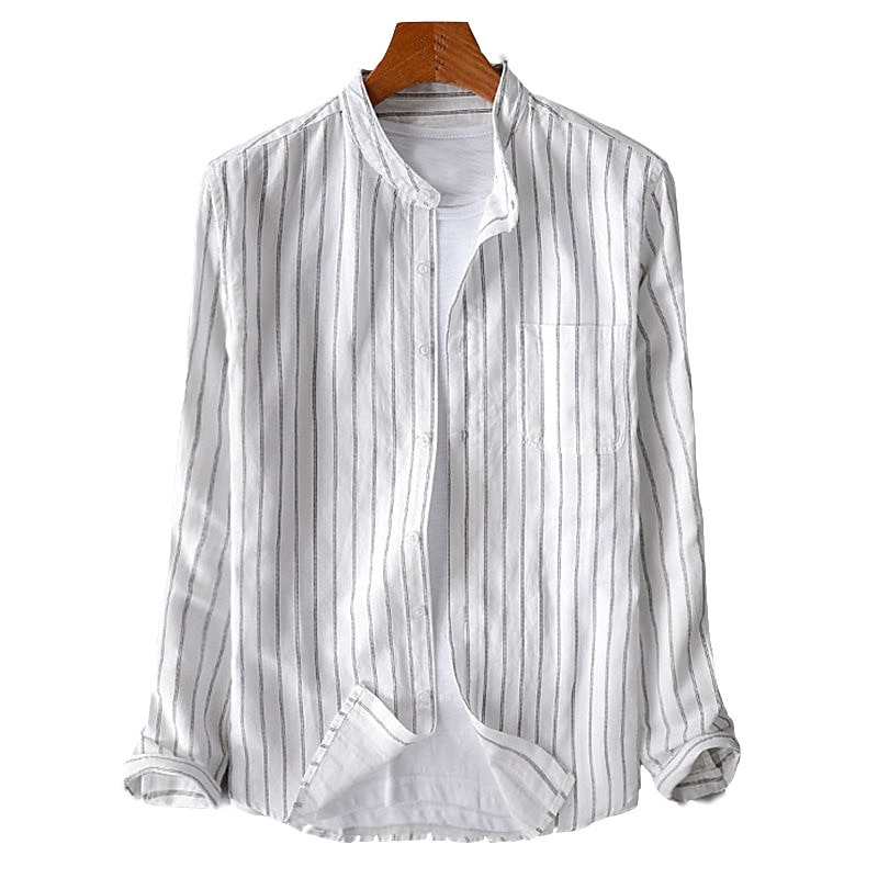 Men's Cotton Linen Shirt Chinese Collar Shirt Mandarin Collar Shirt Summer Shirt Beach Shirt Striped Shirts Striped Vacation Street Black White Gray Long Sleeve Stand Collar Spring &  Fall Clothing4