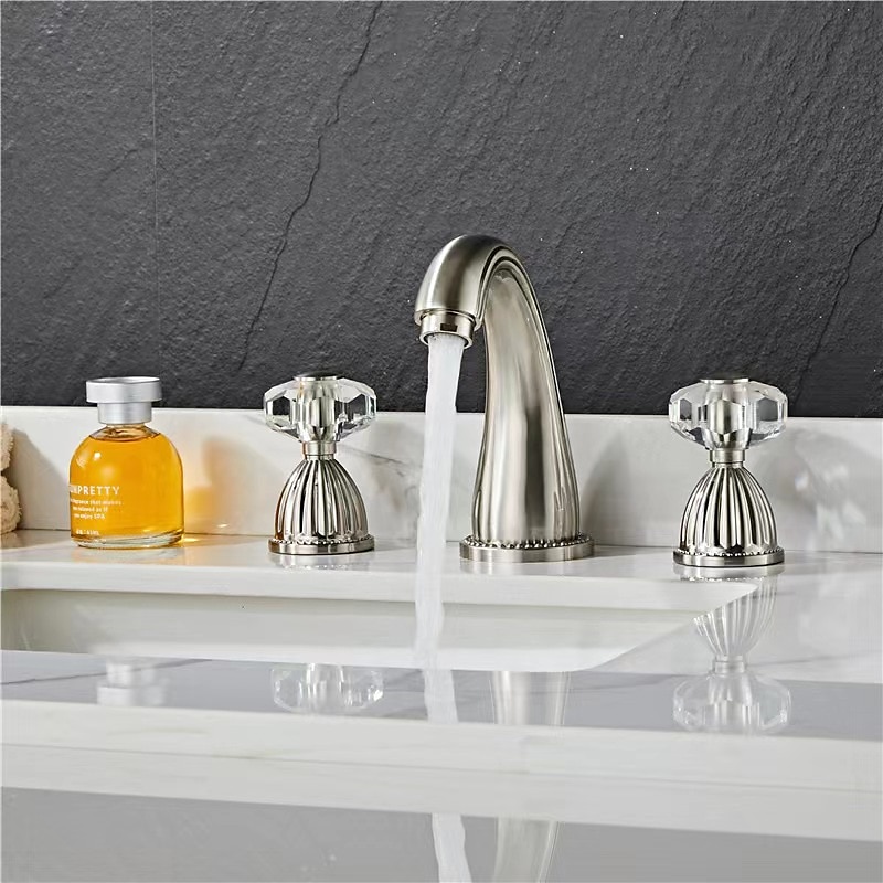 Widespread Bathroom Sink Mixer Faucet, 3 Holes 2 Handle Basin Tap, Retro Style Crystal Handle Brass Bathroom Sink Faucet Contain with Supply Lines and Hot Cold Water Hose Deck Mounted3