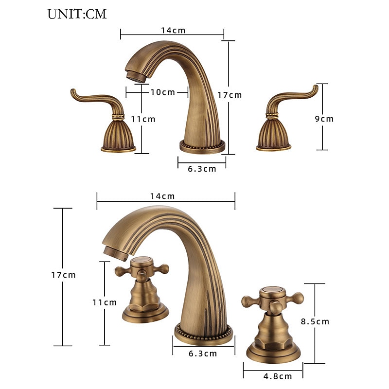 Widespread Bathroom Sink Mixer Faucet, Vintage Brass 3 Hole 2 Handles Basin Taps, Retro Style Bathroom Tap Contain with Cold and Hot Water Hose3