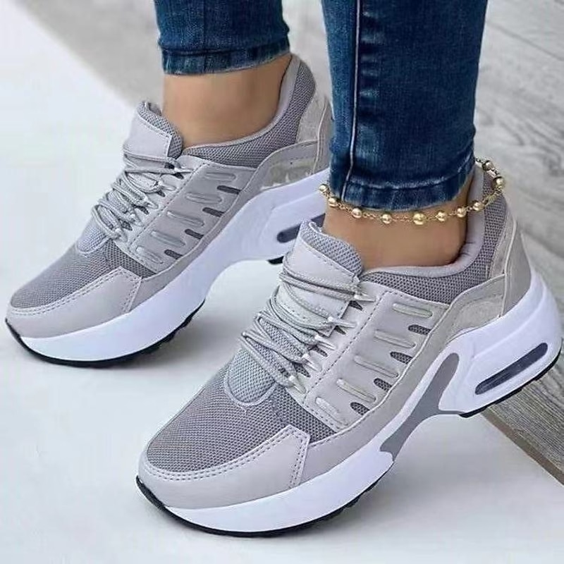 Women's Grey Running Shoes – Breathable Mesh Sneakers with Air Cushion Sole for Comfort and Style