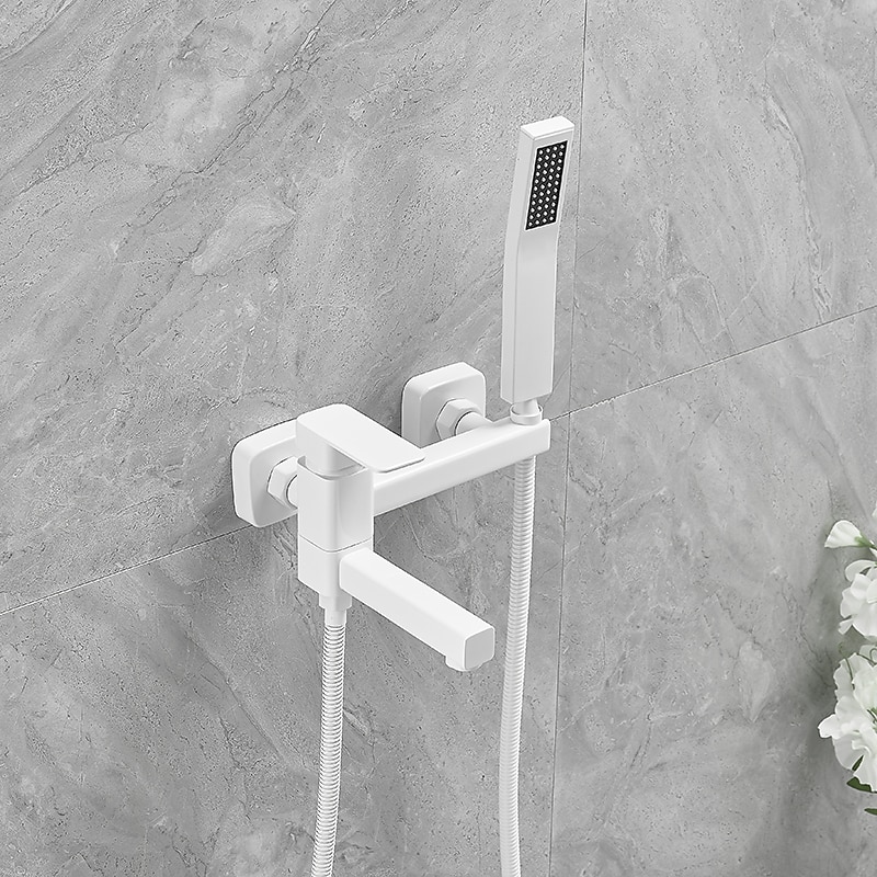 Bathtub Faucet Dual Spout Wall Mounted White, Bath Tub Filler Mixer Brass Tap with Heldhand Showerhand, Ceramic Valve Single Handle Control4