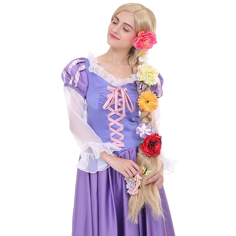 Angelaicos Womens 47 Inch Long Braids Blonde  Rapunzel Wig with 10pcs Flowers Halloween Wigs4