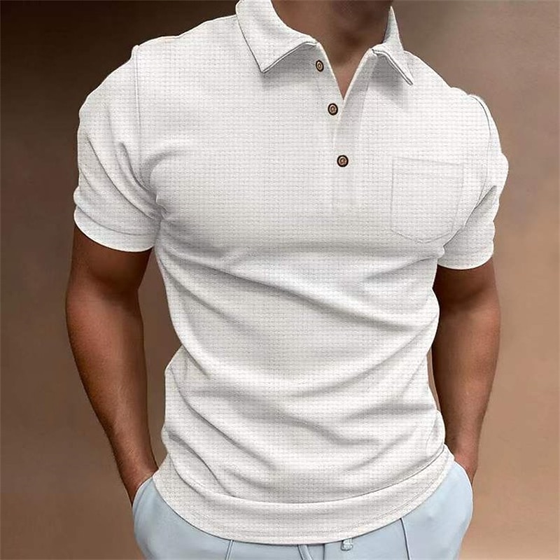Men's Waffle Polo Shirt Golf Shirt Casual Daily Polo Collar Classic Short Sleeve Fashion Modern Solid Colored Pocket Button Front Spring & Summer Regular Fit Black White Blue Khaki Gray Waffle Polo2
