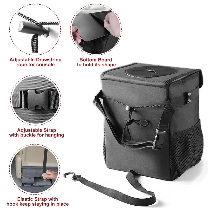 Car Trash Can with Lid - Car Trash Bag Hanging with Storage Pockets Collapsible and Portable Car Garbage Bin4