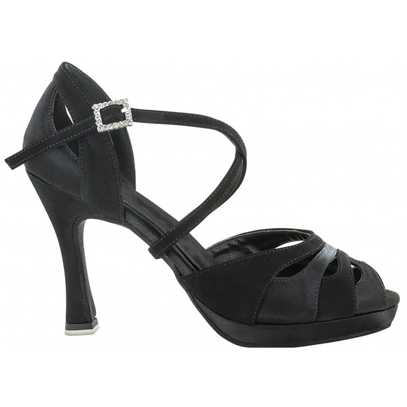 Women's Black Satin Latin Dance Shoes – Strappy High Heel Ballroom Sandals with Rhinestone Buckle for Performances, Parties, and Competitions4