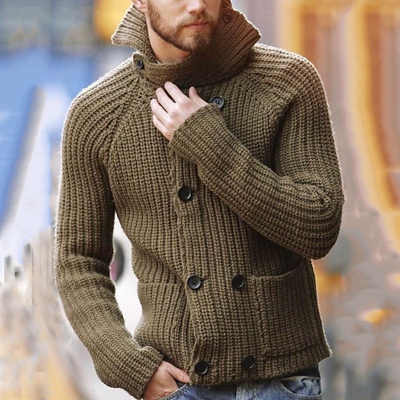 Men's Sweater Cardigan Sweater Turtleneck Sweater Crochet Knit Button Knitted Solid Color Stand Collar Basic Casual Daily Holiday Clothing Apparel Winter Fall Khaki S M L