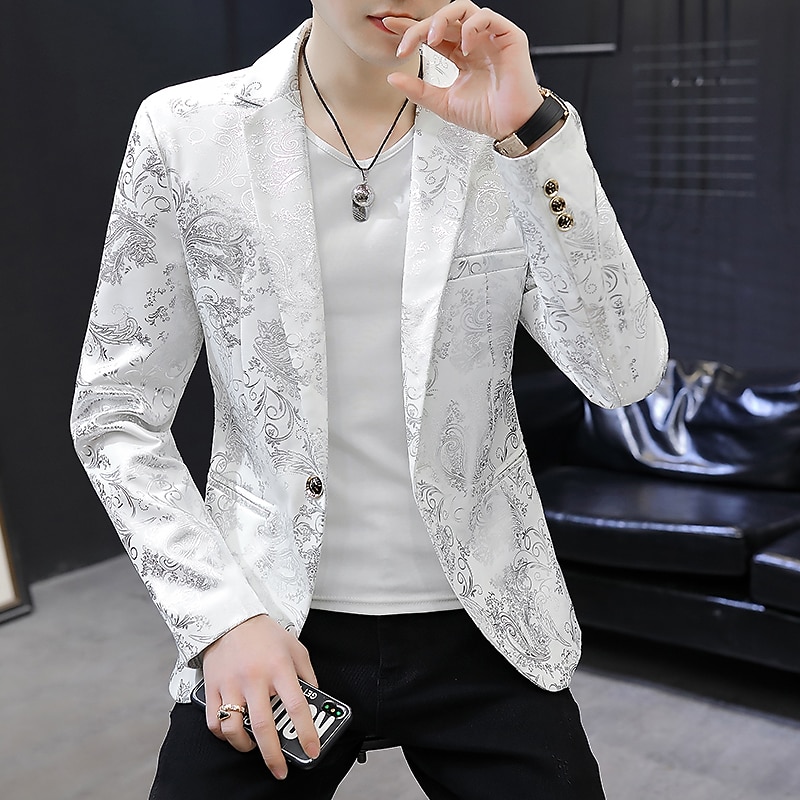Men's Jacket Blazer Party Ceremony Print Fall Print Party Elegant Shawl Collar Thin Regular Slim Black White Jacket - Main Image