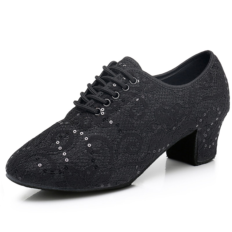 Women's Black Lace Dance Shoes with Mid Heel - Elegant Sequin Latin and Ballroom Shoes for Performance
