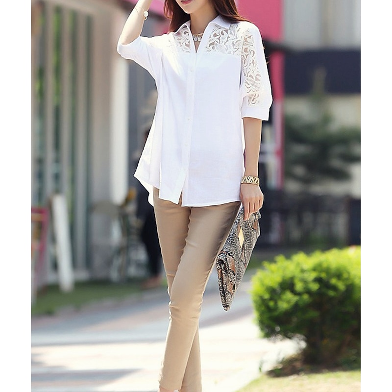 Women's Shirt Lace Shirt Blouse Eyelet top Plain Streetwear Casual 3/4 Length Sleeve Shirt Collar Regular Tops Office Work Business Lace Patchwork White4