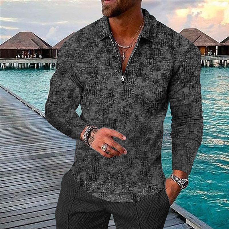 Men's Geometric Hawaiian Polo Shirts Golf Shirt Long Sleeve Polo Shirts Collared Shirts Casual Beach Wear Vacation Wear Party Outfits 3D Print Quarter Zip Polo Yellow Army Green Red