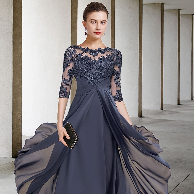 A-Line Mother of the Bride Dress Wedding Guest Elegant Plus Size High Low Jewel Neck Asymmetrical Tea Length Chiffon Lace Half Sleeve with Ruched Appliques2