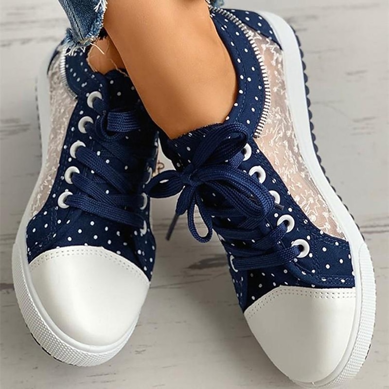 Charming Blue Lace-Up Sneakers with Floral Lace Detail - Stylish Women's Footwear with Polka Dot Accents, Perfect for Casual Outings3