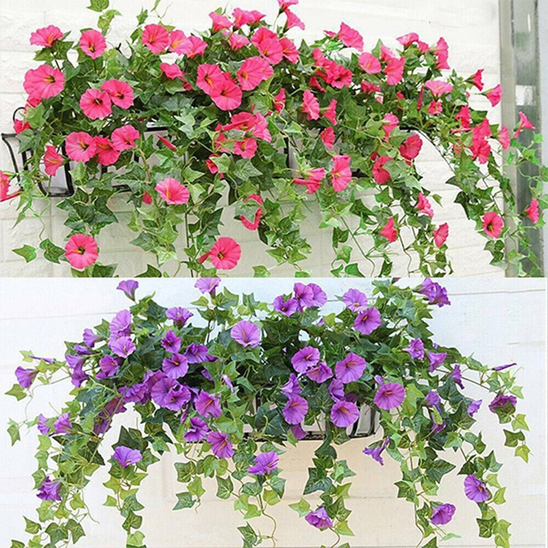 Hanging Artificial Silk Morning Glory Imitation Flower Vine Wedding Garden Decor Fake Plant Vibrantly Color Flower Green Plant for Home Garden Fence Stairway Decor4