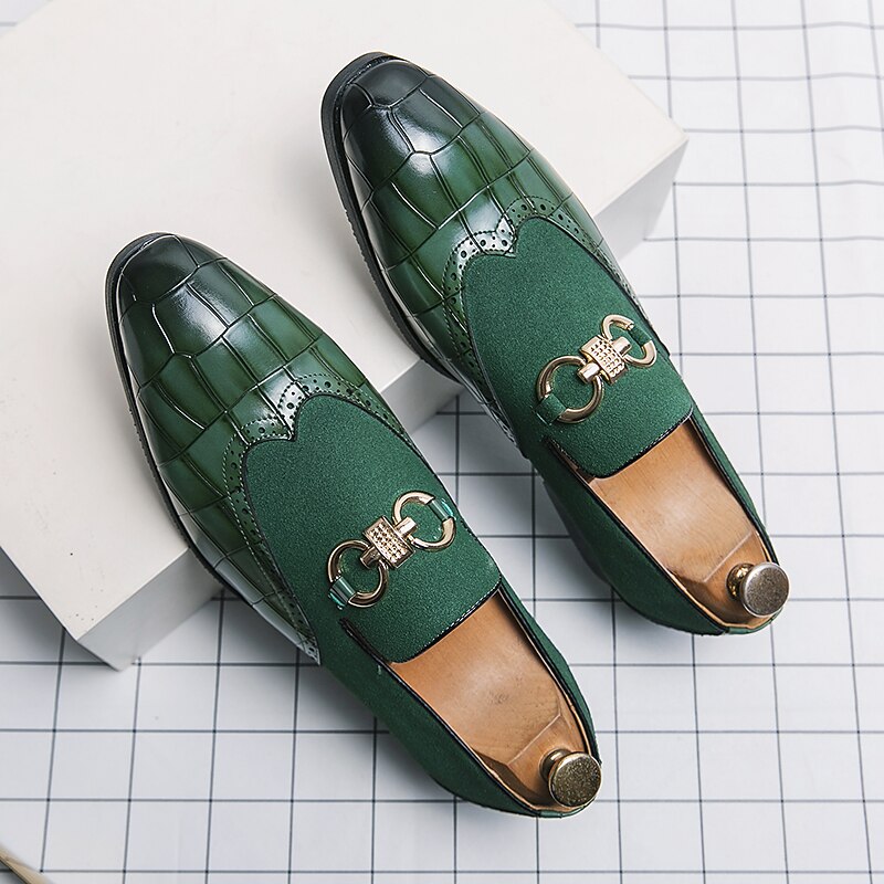Men's Green Faux Leather Loafers with Crocodile Pattern and Gold Buckle - Stylish Formal Shoes for Office, Business & Casual Wear2
