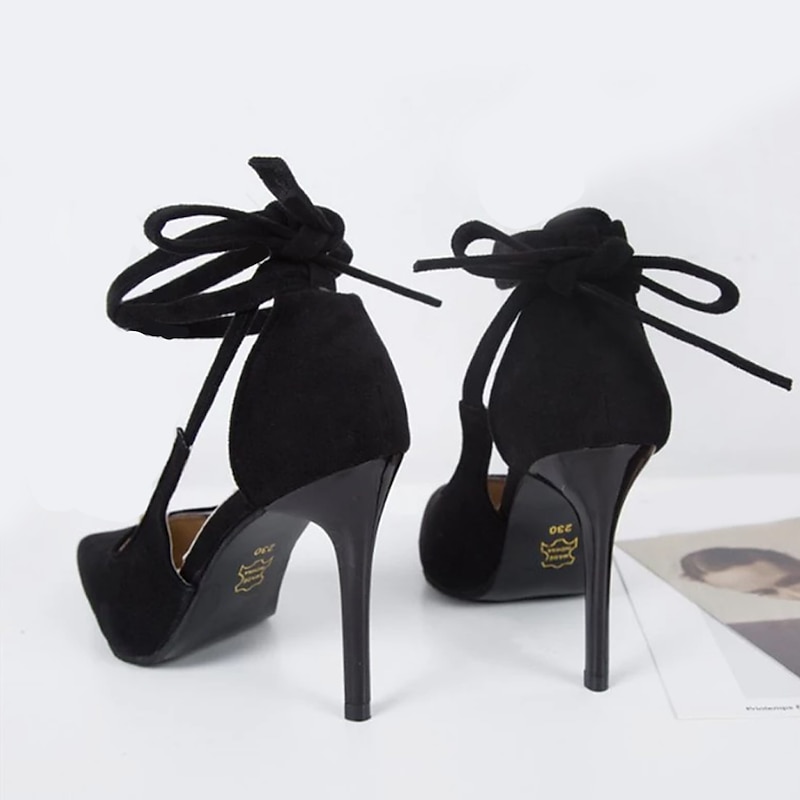 Women's Black Velvet Stiletto Heels with Ankle Tie Strap - Sexy High Heels for Parties and Formal Events2