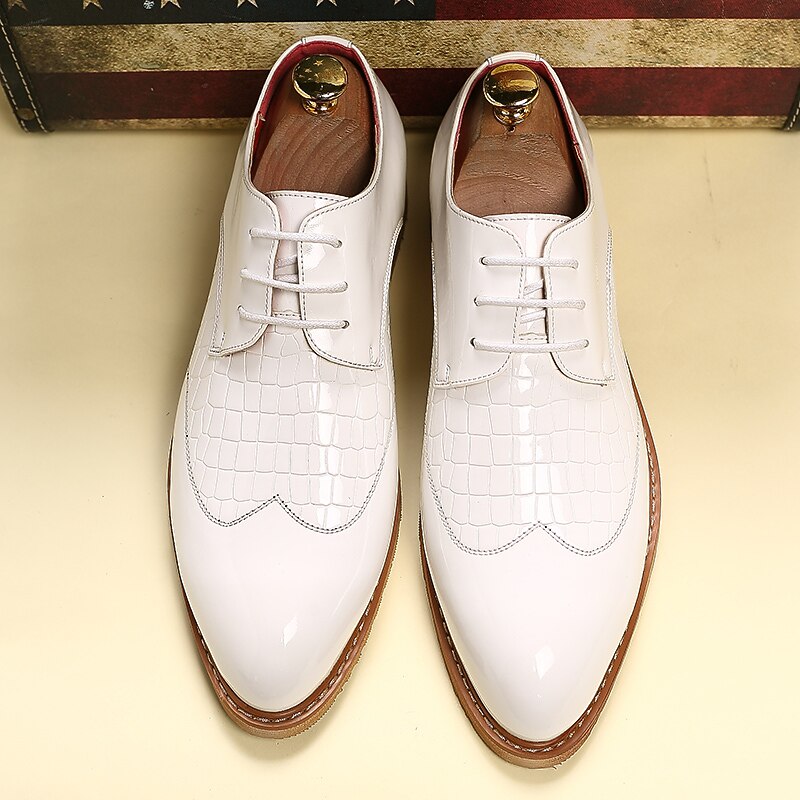 Men's White Patent Leather Oxford Dress Shoes – Crocodile Pattern Lace-Up Formal Shoes for Weddings & Business2