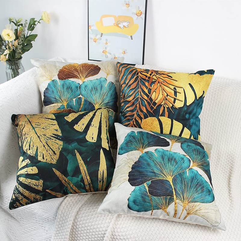 Ginkgo Decorative Toss Pillows Cover 4PCS Soft Square Cushion Case Pillowcase for Bedroom Livingroom Sofa Couch Chair Open Branches and Loose Leaves4