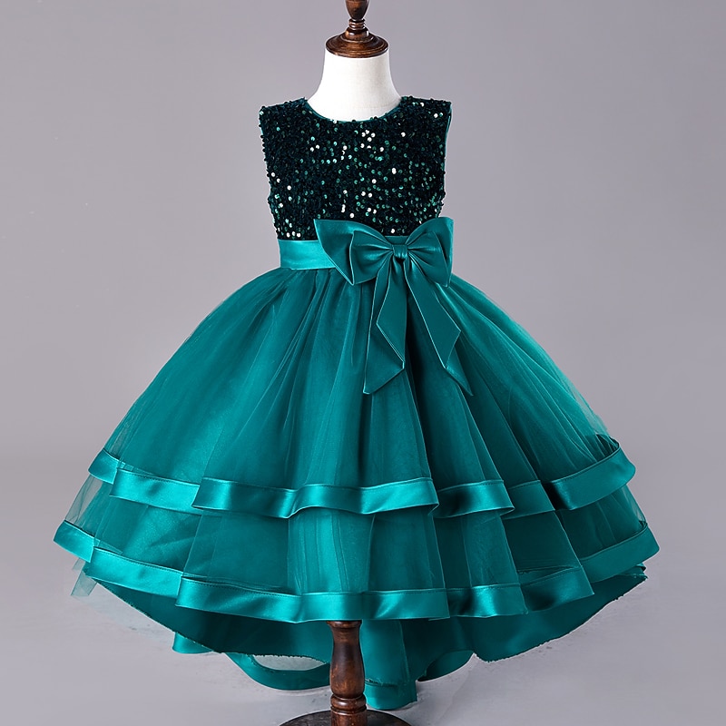 Kids Girls' Dress Sequin Sleeveless Wedding Party Festival Sequins Bow Princess Sweet Cotton Polyester Midi Flower Girl's Dress Summer 4-13 Years Red Green