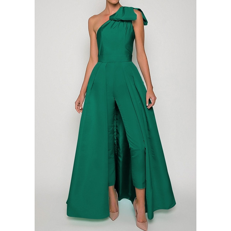 Jumpsuits Evening Gown Elegant Dress Formal Wedding Guest Floor Length Sleeveless One Shoulder Convertible Stretch Fabric with Bow(s) Pleats Overskirt4