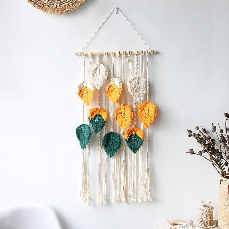 ins style nordic hand-woven feather leaf tapestry moroccan style colorful woven rope wall decoration homestay background fabric